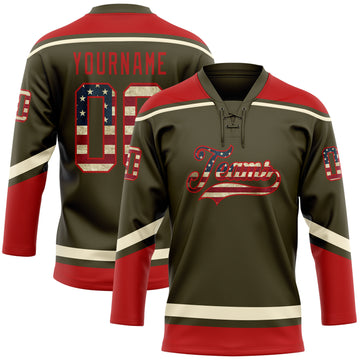 Custom Olive Vintage USA Flag Red-Cream Salute To Service Hockey Lace Neck Jersey