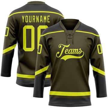 Custom Olive Neon Yellow-Black Salute To Service Hockey Lace Neck Jersey