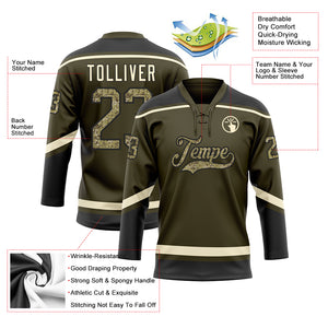 Custom Olive Camo Black-Cream Salute To Service Hockey Lace Neck Jersey