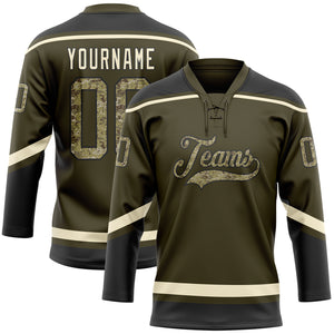 Custom Olive Camo Black-Cream Salute To Service Hockey Lace Neck Jersey