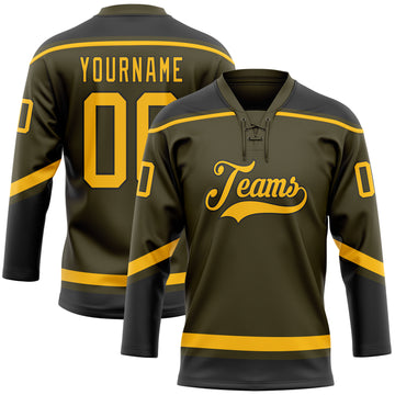 Custom Olive Gold-Black Salute To Service Hockey Lace Neck Jersey