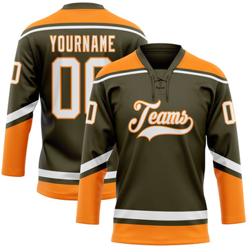 Custom Olive White-Bay Orange Salute To Service Hockey Lace Neck Jersey