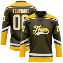 Load image into Gallery viewer, Custom Olive White-Gold Salute To Service Hockey Lace Neck Jersey
