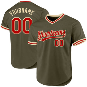 Custom Olive Red-Cream Authentic Throwback Salute To Service Baseball Jersey