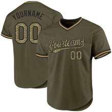 Load image into Gallery viewer, Custom Olive Camo Black-Old Gold Authentic Throwback Salute To Service Baseball Jersey
