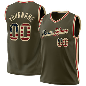 Custom Olive Vintage USA Flag Cream-Red Authentic Throwback Salute To Service Basketball Jersey