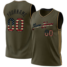 Load image into Gallery viewer, Custom Olive Vintage USA Flag Black-Old Gold Authentic Throwback Salute To Service Basketball Jersey
