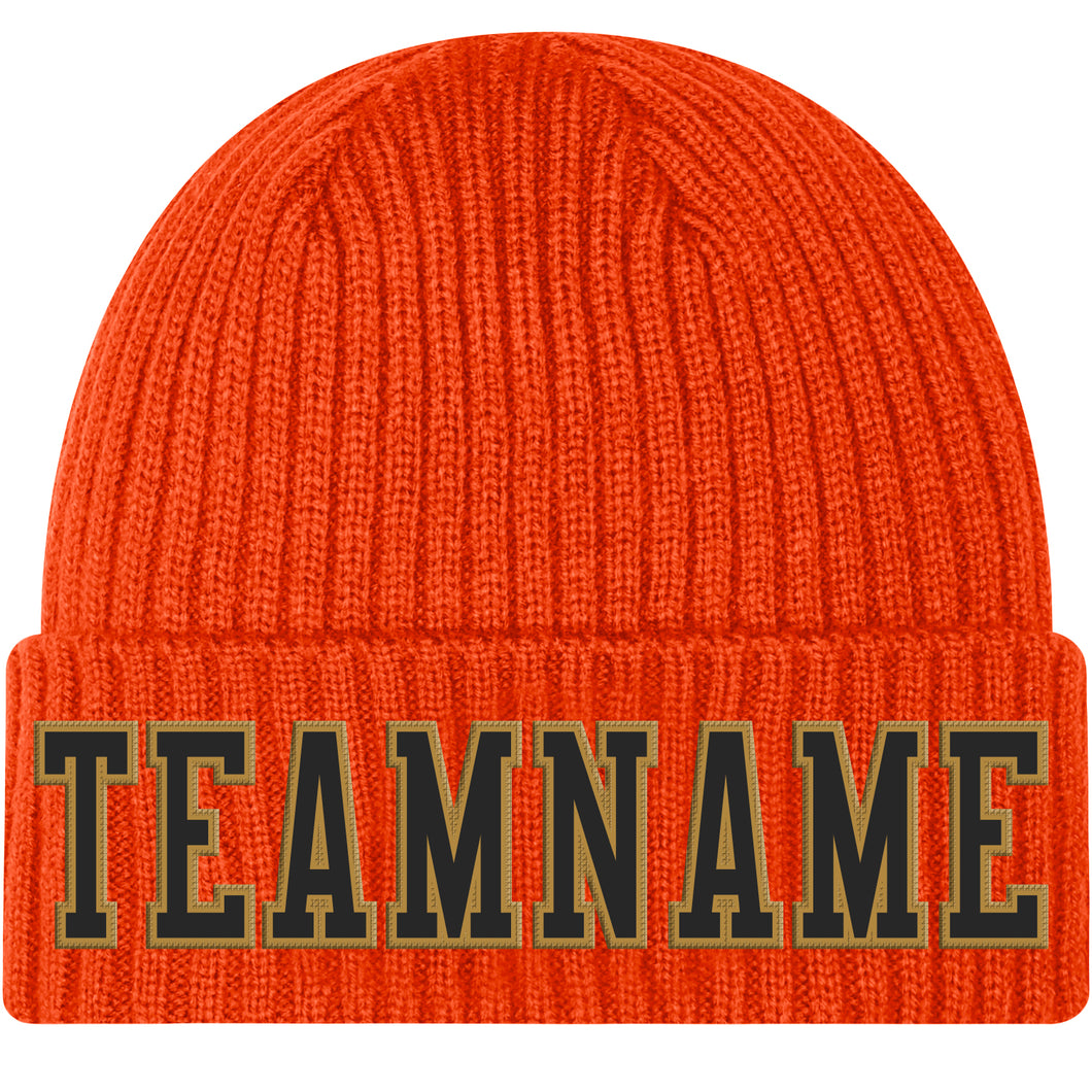 Custom Orange Black-Old Gold Stitched Cuffed Knit Hat