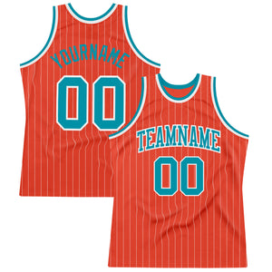 Custom Orange White Pinstripe Teal Authentic Basketball Jersey