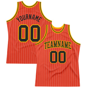 Custom Orange White Pinstripe Black-Gold Authentic Basketball Jersey