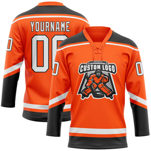 Custom Orange White-Black Hockey Lace Neck Jersey