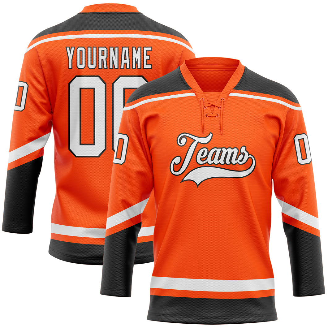 Custom Orange White-Black Hockey Lace Neck Jersey