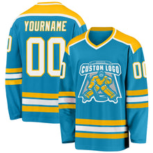 Load image into Gallery viewer, Custom Panther Blue White-Gold Hockey Jersey
