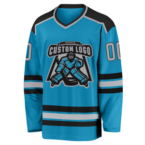 Custom Panther Blue Gray-Black Hockey Jersey