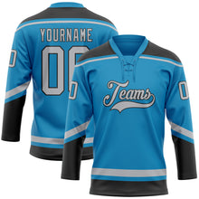 Load image into Gallery viewer, Custom Panther Blue Gray-Black Hockey Lace Neck Jersey
