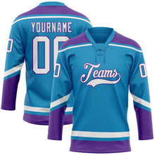 Load image into Gallery viewer, Custom Panther Blue White-Purple Hockey Lace Neck Jersey
