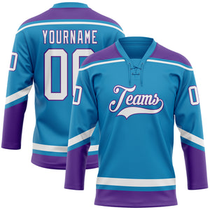 Custom Panther Blue White-Purple Hockey Lace Neck Jersey