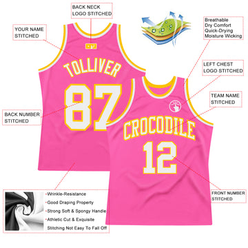 Custom Pink White-Gold Authentic Throwback Basketball Jersey