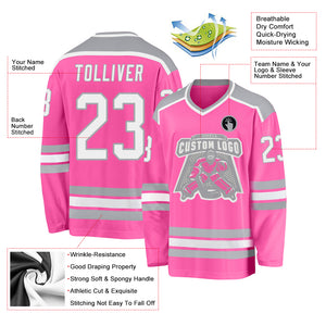 Custom Pink White-Gray Hockey Jersey