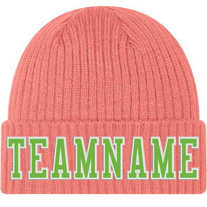 Custom Pink Neon Green-White Stitched Cuffed Knit Hat