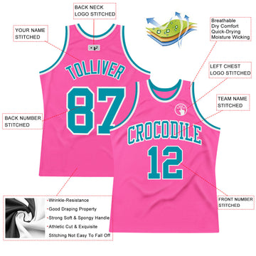 Custom Pink Teal-White Authentic Throwback Basketball Jersey