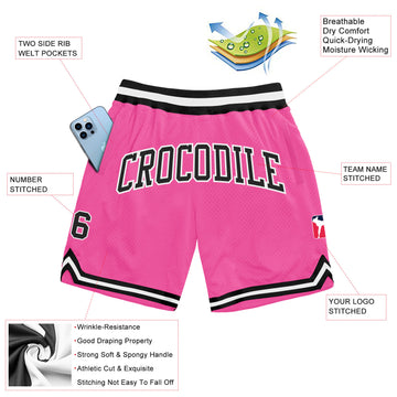 Custom Pink Black-White Authentic Throwback Basketball Shorts