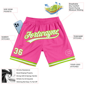 Custom Pink White-Neon Green Authentic Throwback Basketball Shorts