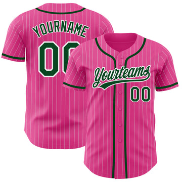 Custom Pink White Pinstripe Green Authentic Baseball Jersey