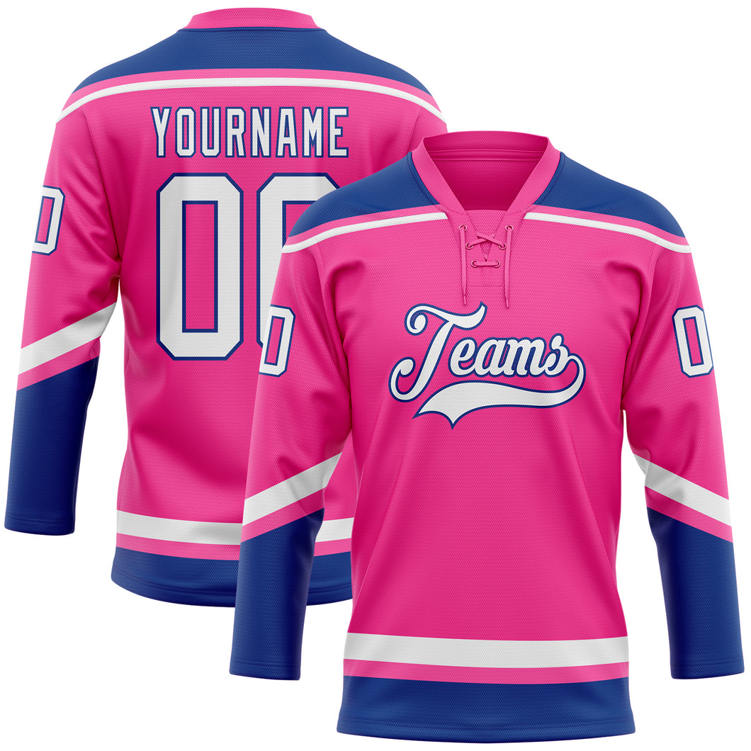 Custom Pink White-Royal Hockey Lace Neck Jersey