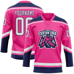 Custom Pink White-Navy Hockey Lace Neck Jersey