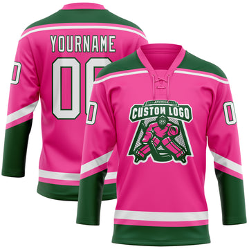 Custom Pink White-Green Hockey Lace Neck Jersey