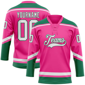 Custom Pink White-Kelly Green Hockey Lace Neck Jersey