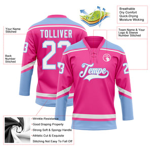 Custom Pink White-Light Blue Hockey Lace Neck Jersey