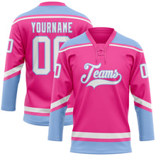 Load image into Gallery viewer, Custom Pink White-Light Blue Hockey Lace Neck Jersey
