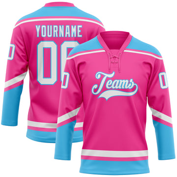 Custom Pink White-Sky Blue Hockey Lace Neck Jersey