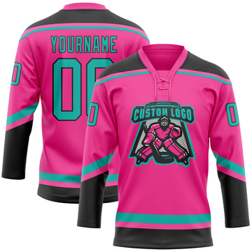 Custom Pink Aqua-Black Hockey Lace Neck Jersey