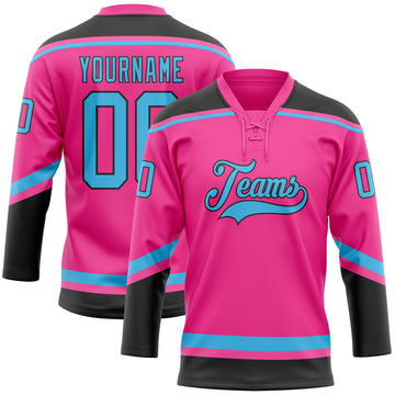 Custom Pink Sky Blue-Black Hockey Lace Neck Jersey