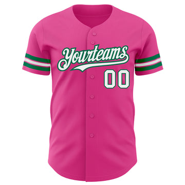 Custom Pink White-Kelly Green Authentic Baseball Jersey