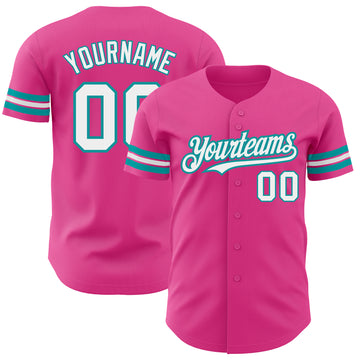 Custom Pink White-Teal Authentic Baseball Jersey