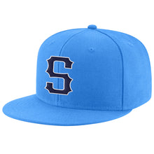 Load image into Gallery viewer, Custom Powder Blue Navy-White Stitched Adjustable Snapback Hat
