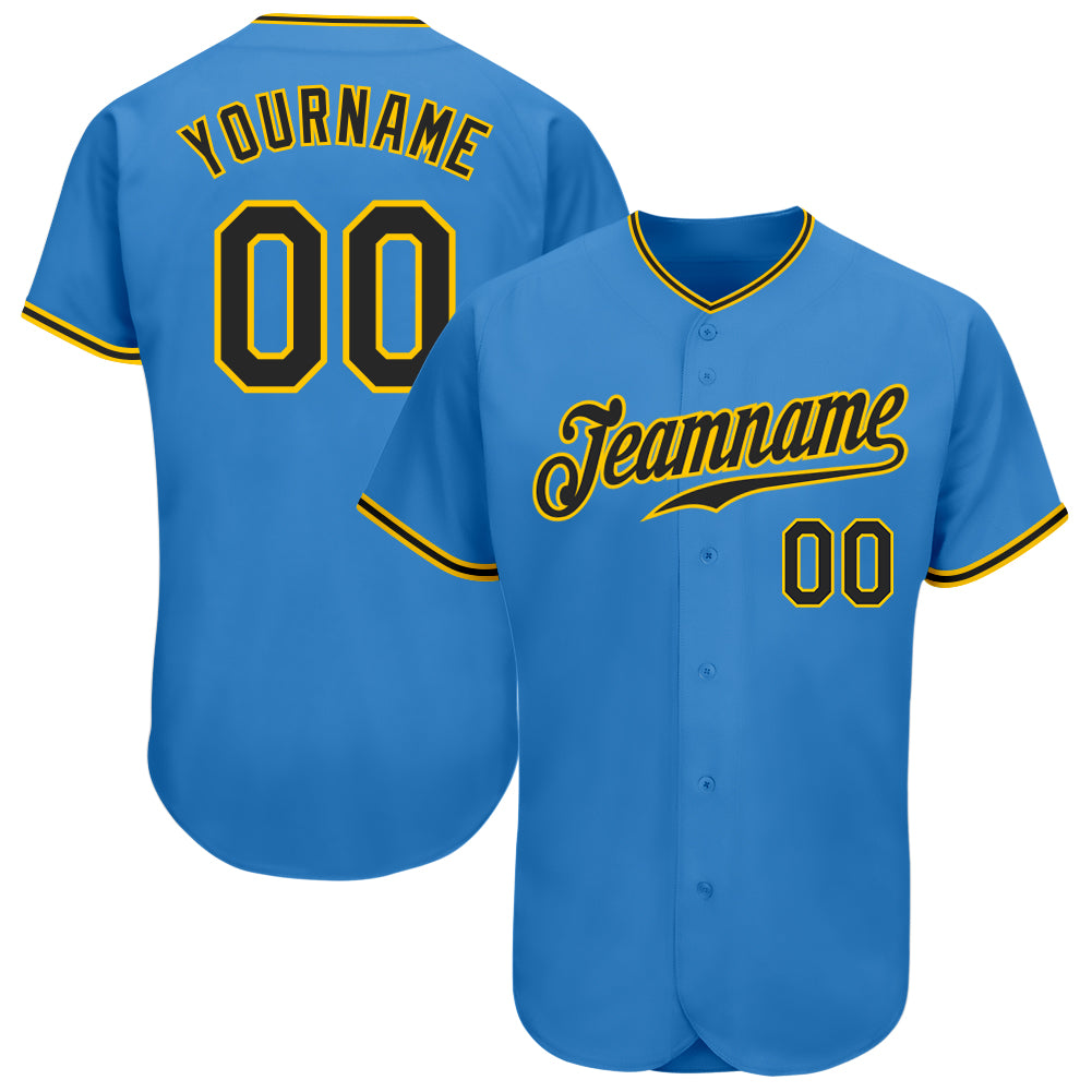 Custom Powder Blue Black-Gold Authentic Baseball Jersey