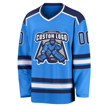 Custom Powder Blue Navy-White Hockey Jersey