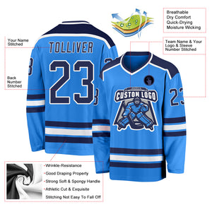 Custom Powder Blue Navy-White Hockey Jersey