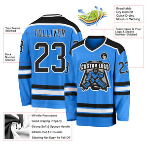 Custom Powder Blue Black-White Hockey Jersey