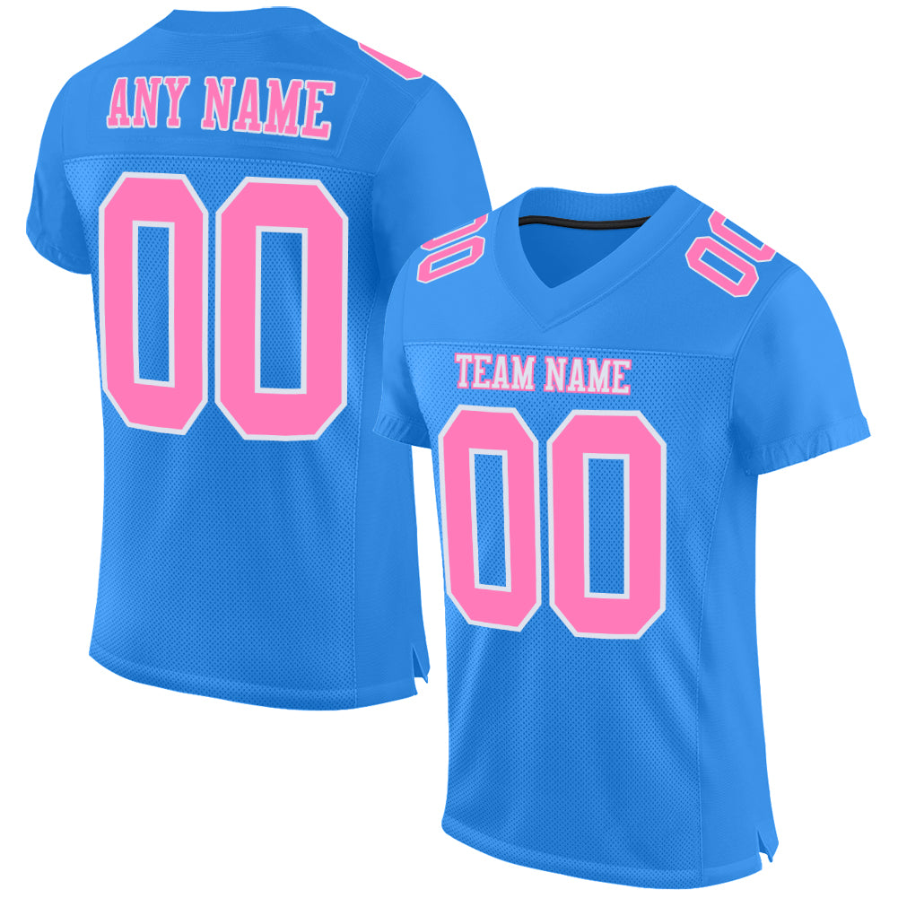 Custom Powder Blue Pink-White Mesh Authentic Football Jersey