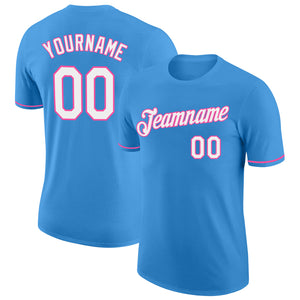 Custom Powder Blue White-Pink Performance T-Shirt