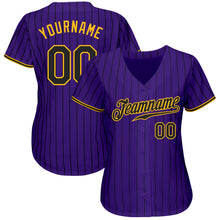 Load image into Gallery viewer, Custom Purple Black Pinstripe Black-Gold Authentic Baseball Jersey
