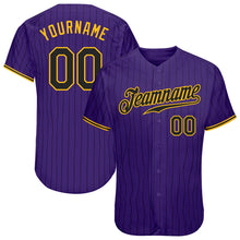 Load image into Gallery viewer, Custom Purple Black Pinstripe Black-Gold Authentic Baseball Jersey
