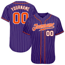 Load image into Gallery viewer, Custom Purple White Pinstripe Orange-White Authentic Baseball Jersey
