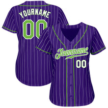 Load image into Gallery viewer, Custom Purple White Pinstripe Neon Green-White Authentic Baseball Jersey
